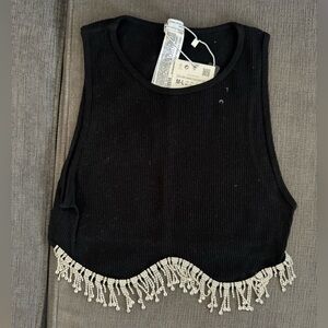 Zara Black Crop Top with Silver Beaded Fringe (new with tags)